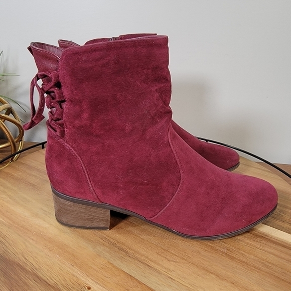 Breckelles Houston-14 Vegan Suede Chunky Heel Wine Lace Up Back Boot Size 8 - Picture 5 of 16